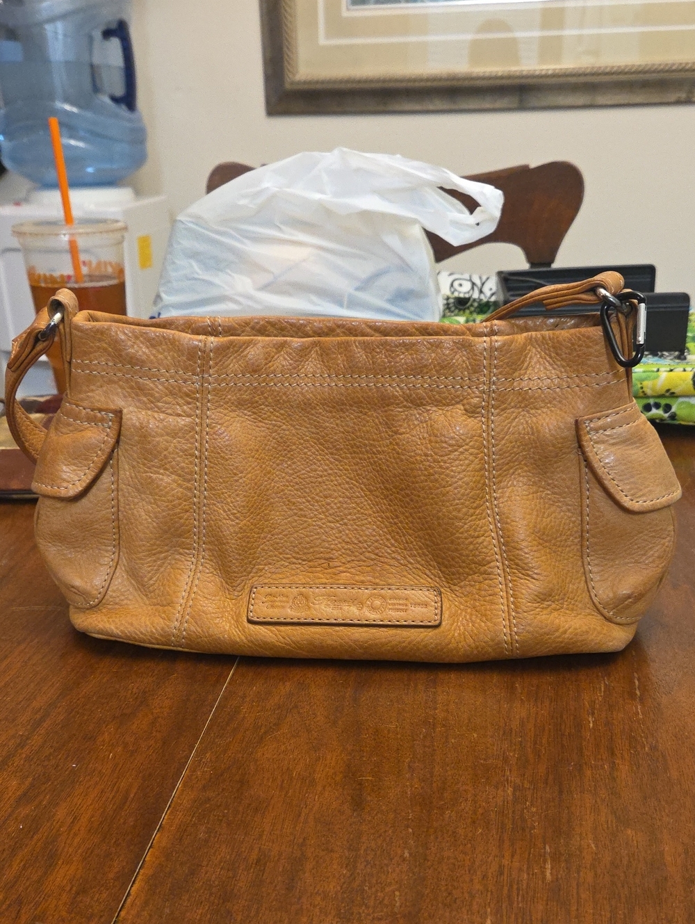 Vintage Fossil Textured Cognac Shoulder Bag with Front Pockets